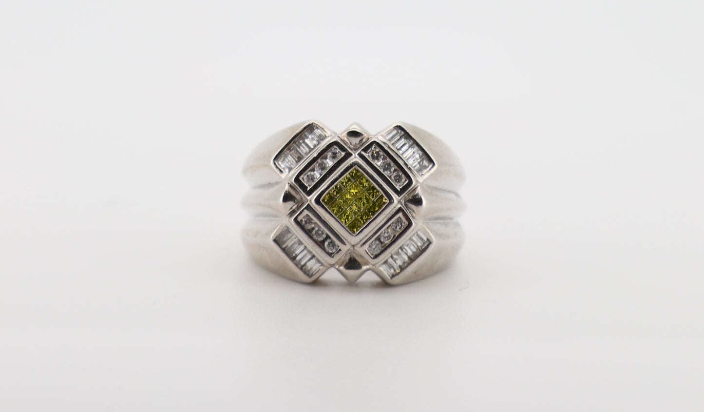 14K White Gold Men’s Ring with Round, Baguette, and Princess-Cut Diamonds