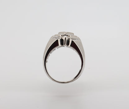 14K White Gold Men’s Ring with Round, Baguette, and Princess-Cut Diamonds