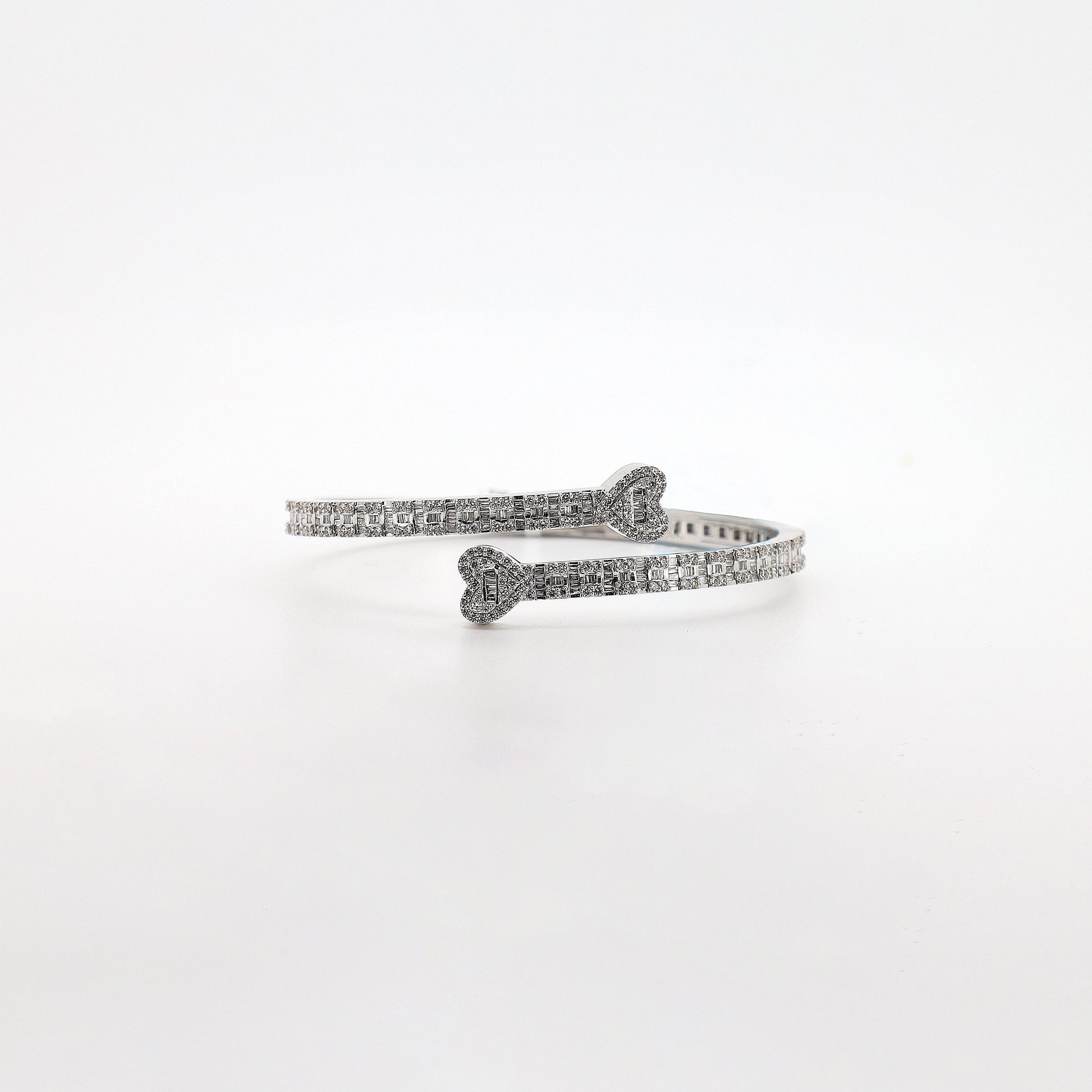 14K White Gold Heart Bangle with Baguette and Round Diamonds