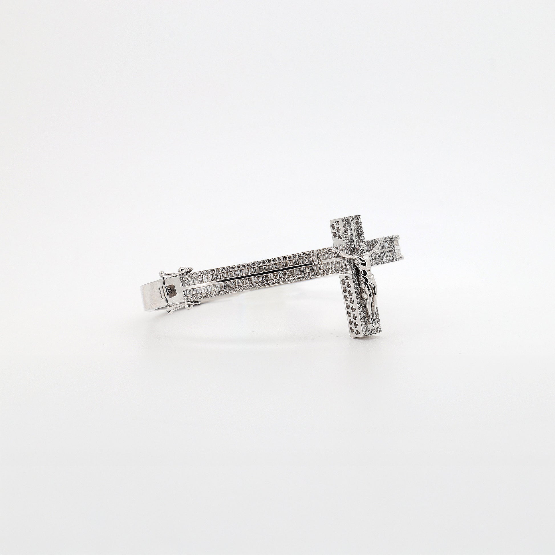 10K White Gold Cross Bangle Bracelet with Baguette and Round Diamonds