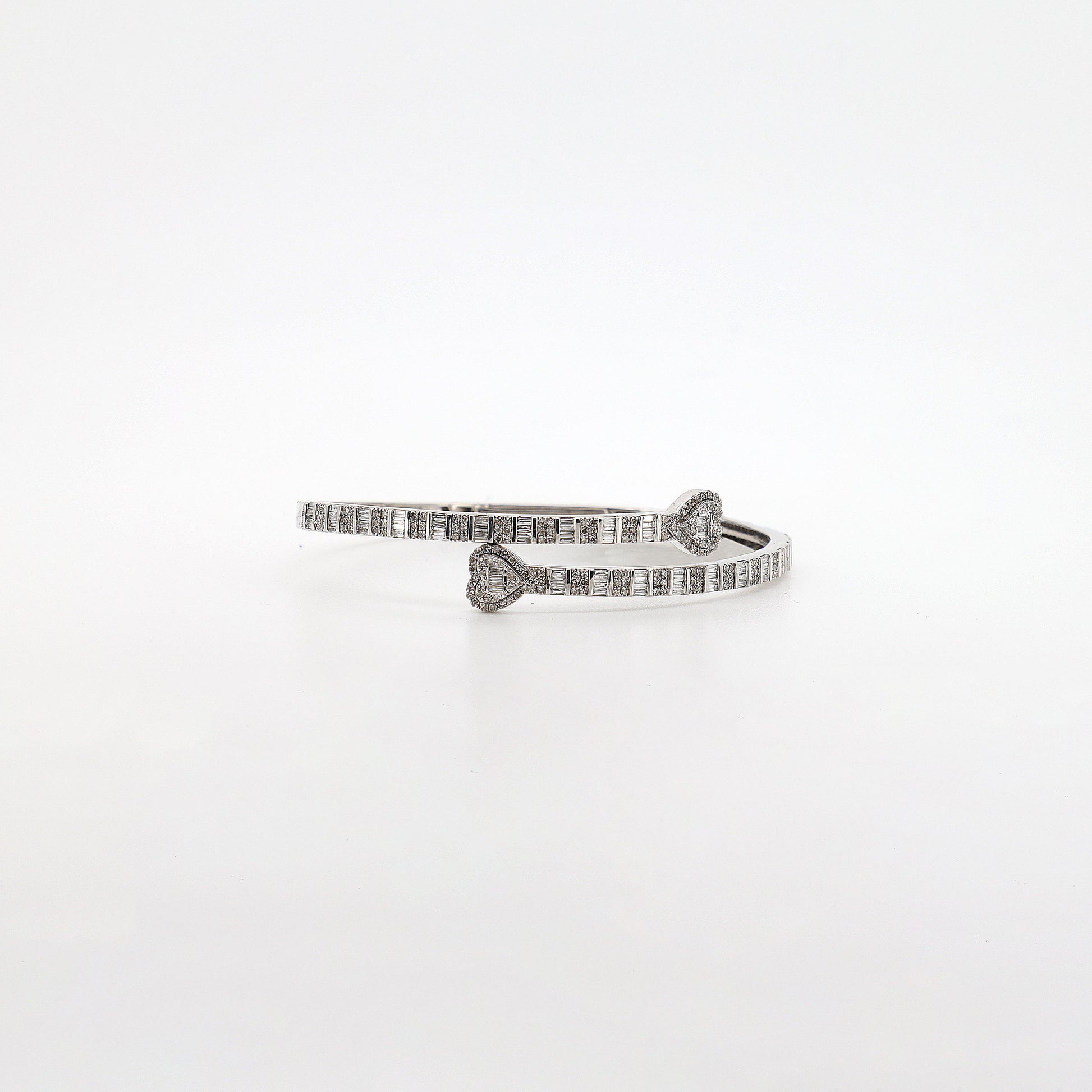 10K White Gold Heart Bangle Bracelet with Baguette and Round Diamonds