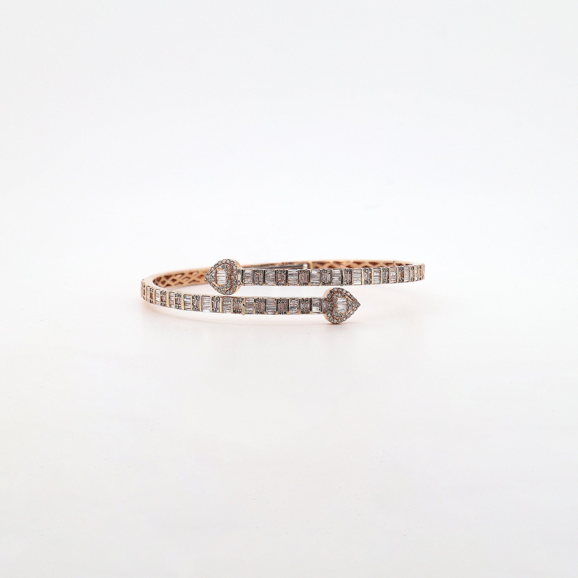 10K Rose Gold Heart Bangle Bracelet with Baguette and Round Diamonds