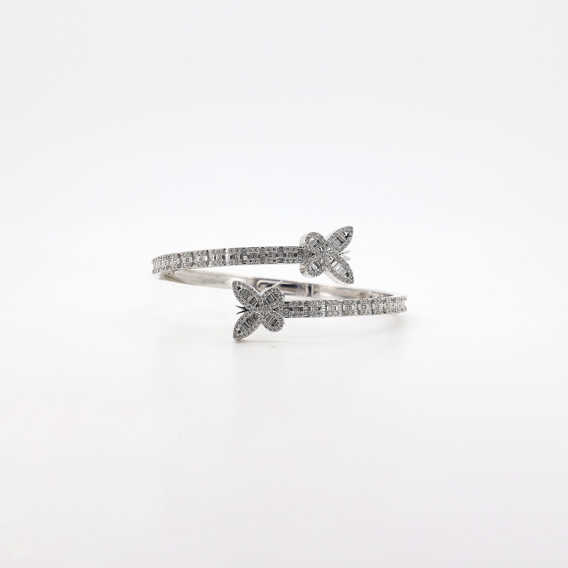 14K White Gold Butterfly Bangle Bracelet with Baguette and Round Diamonds